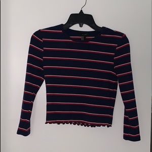 Forever 21 Blue/Red Striped Long Sleeve Crop Top
